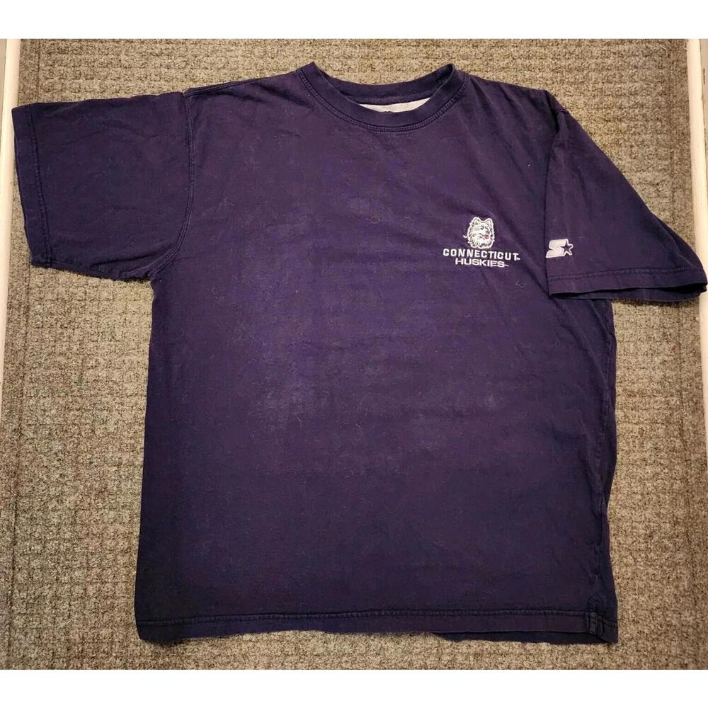 Vintage Y2K Starter UConn Huskies T Shirt L Embroidered Spellout Navy Blue Husky